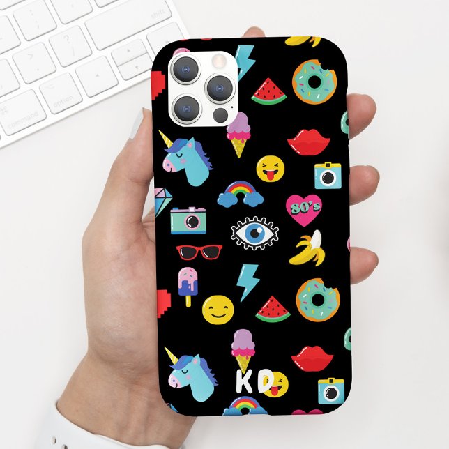 Fun Black 80's Icons Emojis Pattern Iphone Case (Creator Uploaded)