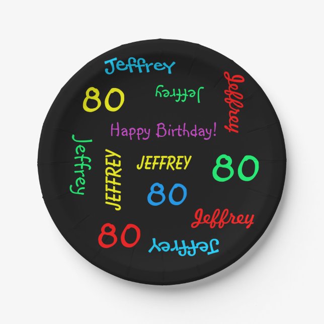 Fun Black, 80th Birthday Party, Repeating Names Paper Plates (Front)