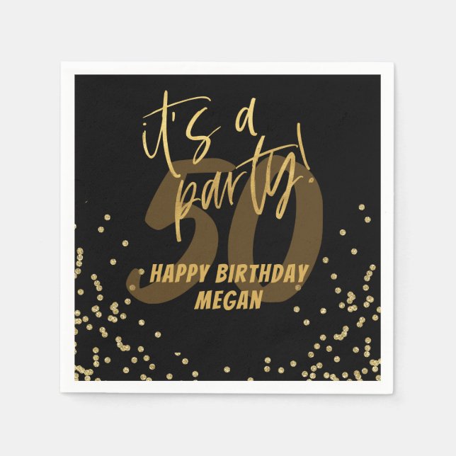 Fun Black and Gold Confetti 50th Birthday Party  Napkins (Front)