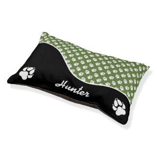 Fun Black And Green Dog Paws Pattern & Name Pet Bed
