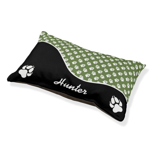 Fun Black And Green Dog Paws Pattern & Name Pet Bed (Angled)