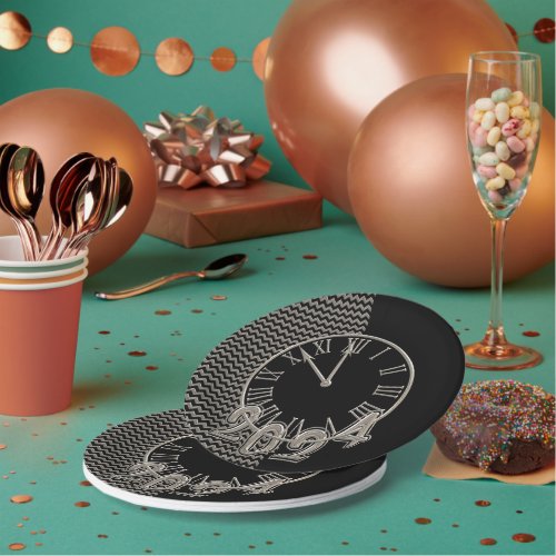 Fun Black and Silver Metallic Clock Graphic Paper Plates