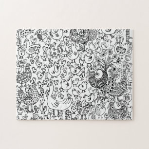 Fun Black and White Birds Decorative Pattern Jigsaw Puzzle