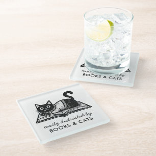 Fun Black and White Bookish Funny Black Cat Glass Coaster