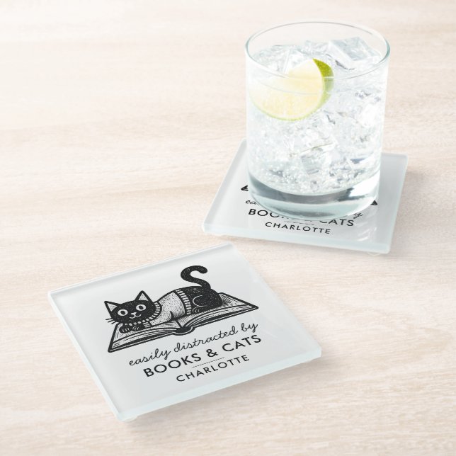 Fun Black and White Bookish Funny Black Cat Glass Coaster (Angled)
