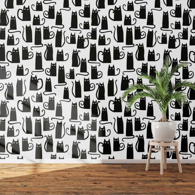 Fun Black and White Cat Pattern Wallpaper (Black cats on white  art wallpaper)