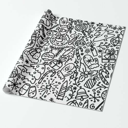 FUN BLACK AND WHITE CHRISTMAS DOODLE  WRAPPING PAPER