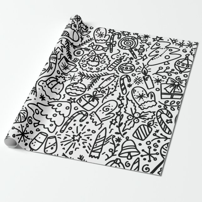FUN BLACK AND WHITE CHRISTMAS DOODLE  WRAPPING PAPER (Unrolled)
