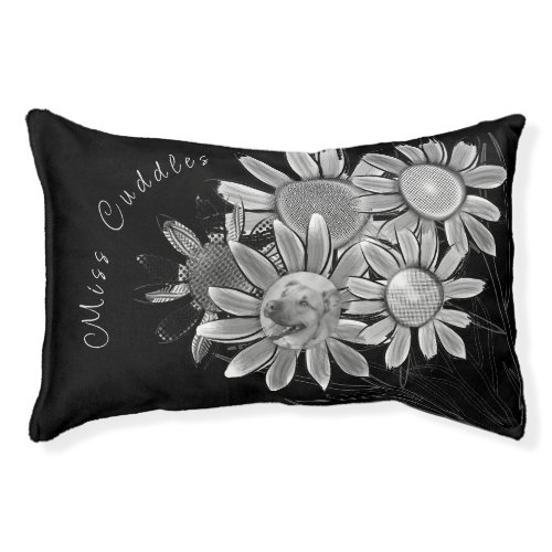 Fun Black and White Daisy Flower Photo Black Pet Bed