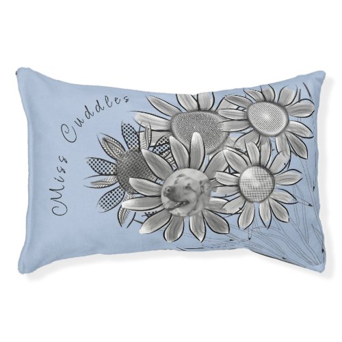 Fun Black and White Daisy Flower Photo Blue Pet Bed
