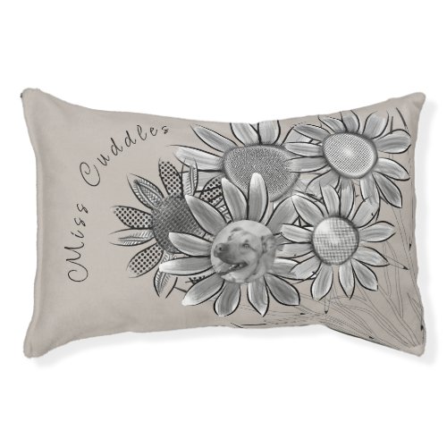 Fun Black and White Daisy Flower Photo Tan Pet Bed
