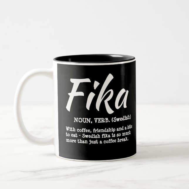 Fun Black and White Swedish Fika Definition Two-Tone Coffee Mug (Left)