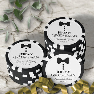 Fun Black Bow Tie & Buttons Groomsman Wedding Poker Chips at Zazzle