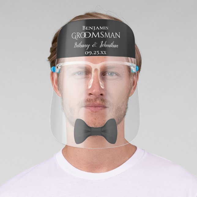 Fun Black Bow Tie Groomsman Wedding Face Shield (Insitu)