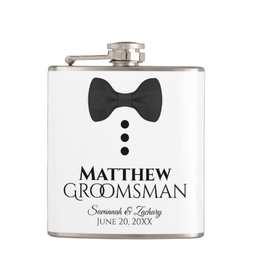 Fun Black Bow Tie Tuxedo Groomsman Wedding Flask