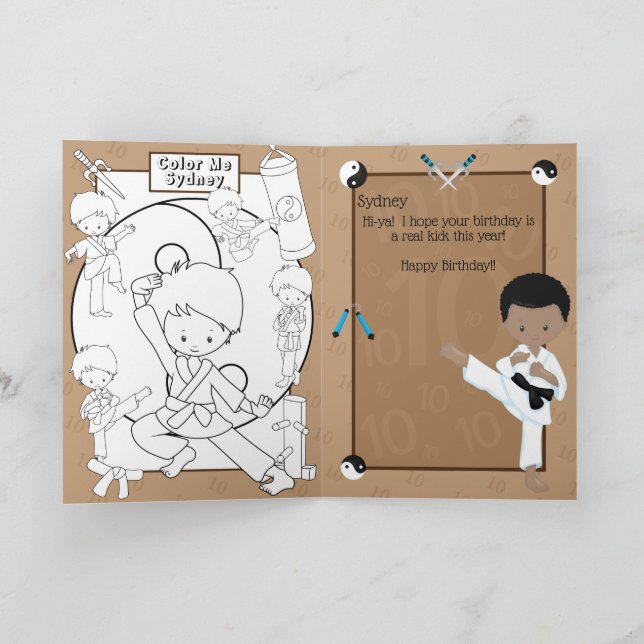 Fun Black Boys Karate Coloring Page Happy Birthday Card (Inside)