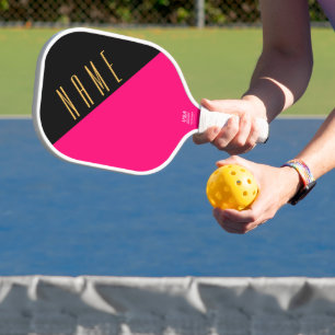 Fun Black Bright Pink Diagonal Color Block Text Carbon Fiber Pickleball Paddle