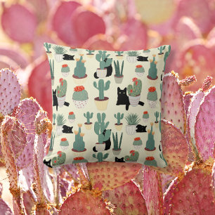 Fun Black Cat and Potted Cactus Botanical Floral Throw Pillow