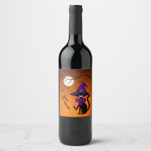 Fun Black Cat Drinking Wine Witch Hat Halloween Wine Label