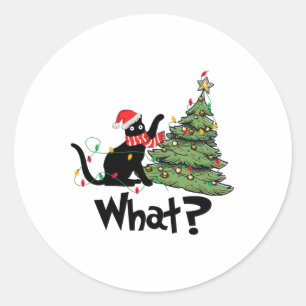 Fun Black Cat Gift Pushing Christmas Tree Over Cat Classic Round Sticker