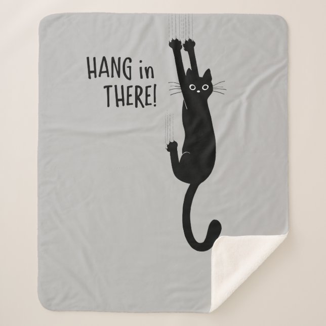 Fun Black Cat Hanging On - Hang in There! Humorous Sherpa Blanket (Front)