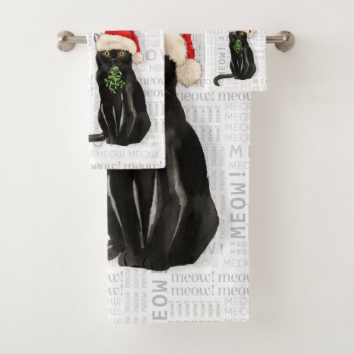 Fun Black Cat in a Santa Hat Holiday Bath Towel Set