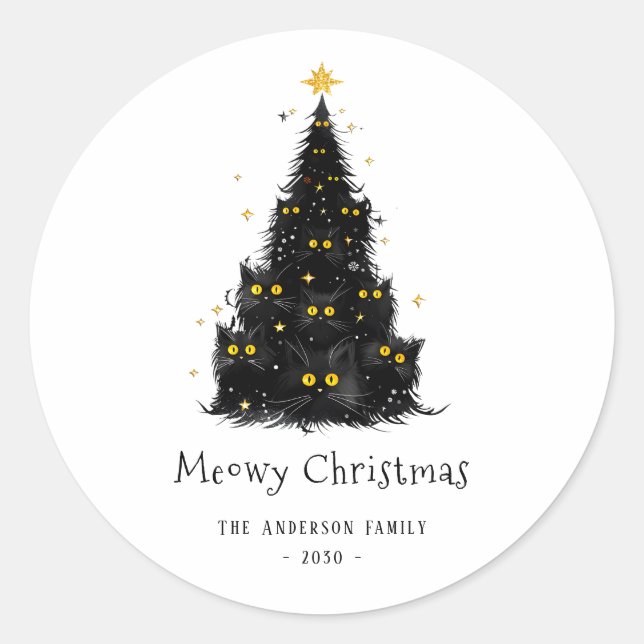 Fun Black Cat Meowy Christmas Tree Classic Round Sticker (Front)