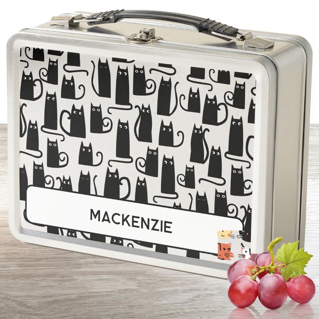 Fun Black Cat Personalized Custom Name Metal Lunch Box (Fun black kitty cat pattern personlized custom name metal lunch box)