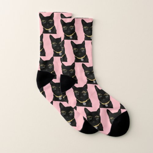 Fun Black Cat Photo Custom Pink Socks