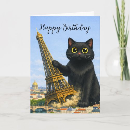 Fun Black Cat Topples Eiffel Tower Happy Birthday Card
