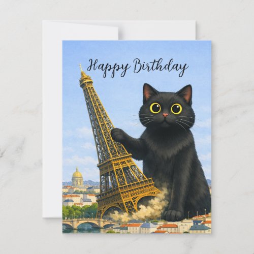 Fun Black Cat Topples Eiffel Tower Happy Birthday Invitation