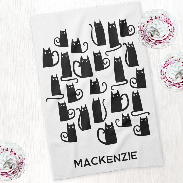 Fun Black Cats Personalized Name Kitchen Towel (Fun black cat personalized kitchen tea towel)
