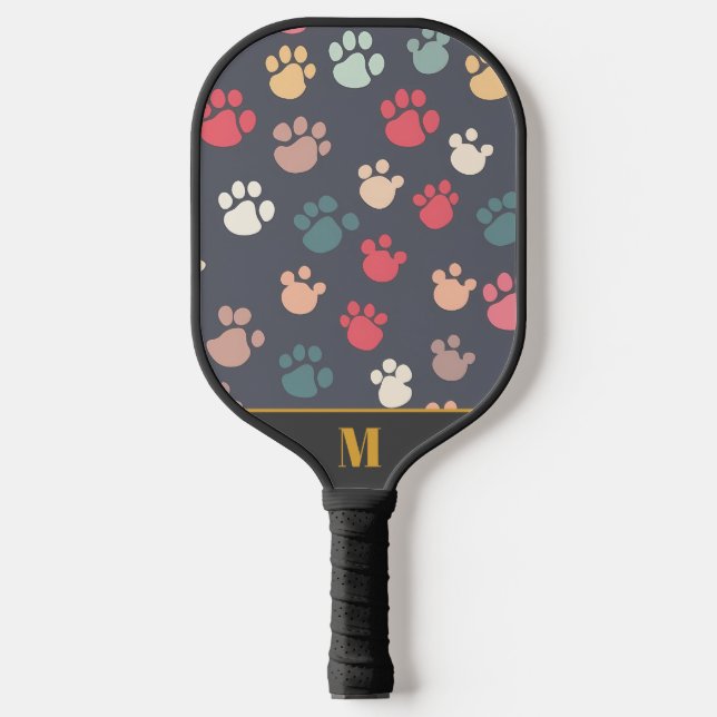 Fun Black Colorful Monogram Dog Paw Pattern  Pickleball Paddle (Front)