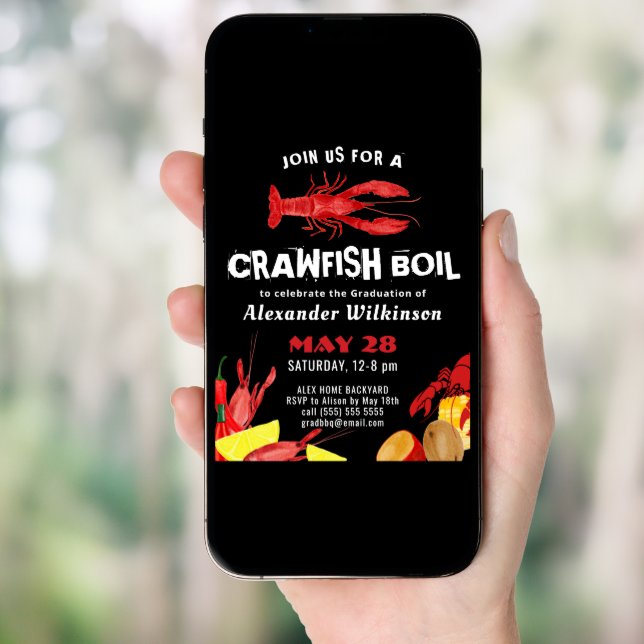Fun Black Crawfish Boil 3 Photo Graduation Party  Invitation (Front Digital)