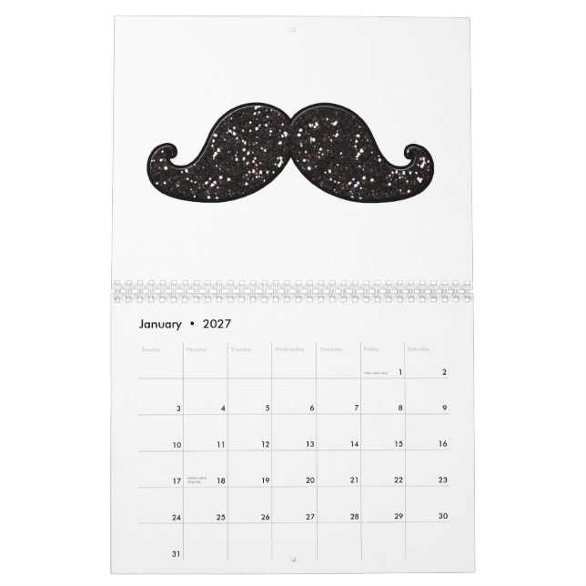 FUN BLACK GLITTER MUSTACHE CALENDAR (Jan 2027)