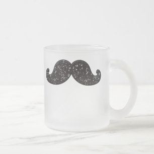 FUN BLACK GLITTER MUSTACHE FROSTED GLASS COFFEE MUG