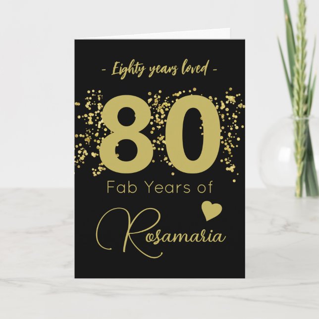 Fun Black Gold Glitter 80th Birthday Card (Front)