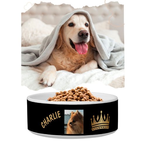Fun Black Gold Name Crown Dog  Bowl