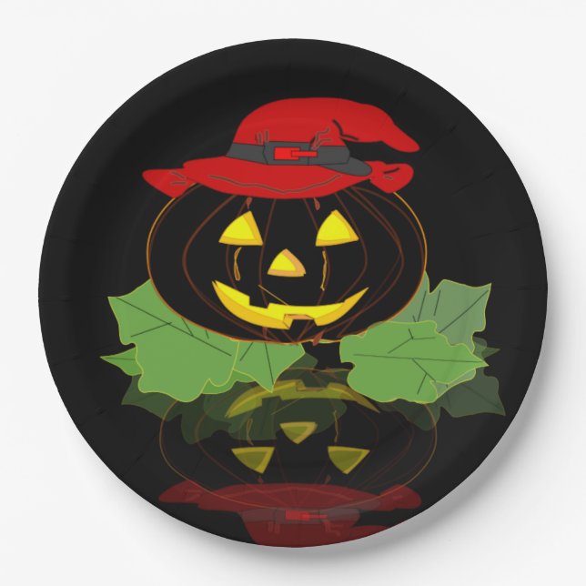 Fun Black Halloween Party Jack O'Lantern Paper Plates (Front)