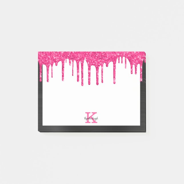 Fun Black Hot Pink Glitter Drips Small Rectangular Post-it Notes (Front)