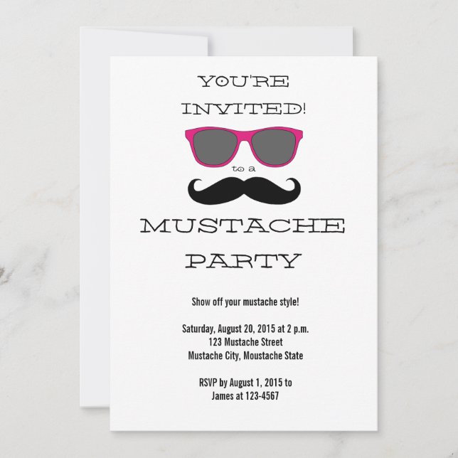Fun Black Mustache PinkSunglasses Party Invitation (Front)