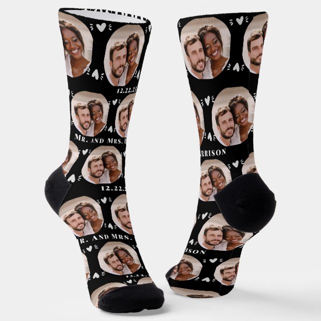 Fun Black Newlyweds Photo Pattern Socks (Angled)