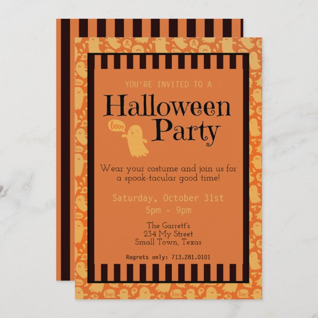 Fun Black Orange Ghost Cute Halloween Party Invitation (Front/Back)
