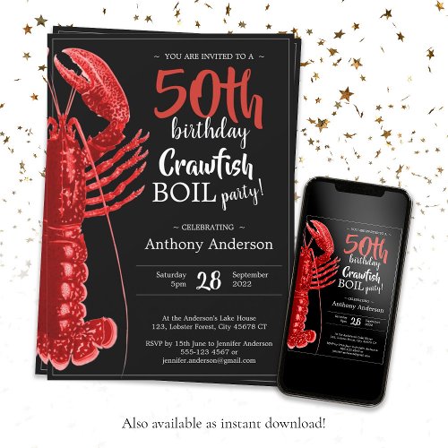 Fun Black Red 50th Birthday Crawfish Boil  Invitation