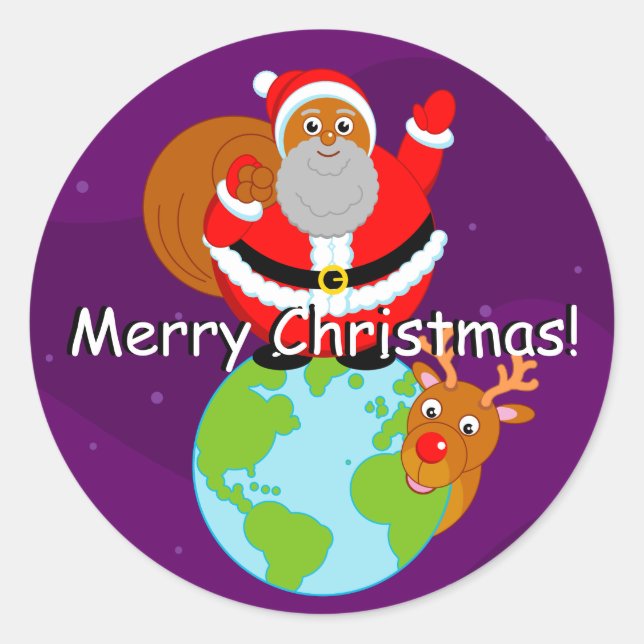 Fun black Santa Claus standing on the Earth, Classic Round Sticker (Front)