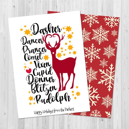 Fun Black Script Santa Reindeer Name Christmas Holiday Card