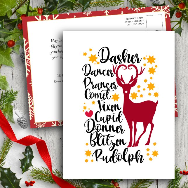 Fun Black Script Santa Reindeer Name Christmas Postcard (Creator Uploaded)