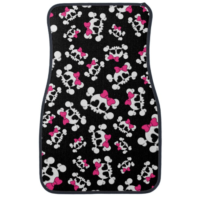 Fun black skulls and bows pattern car mat (Front)
