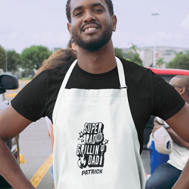 Fun Black Super Rad Grillin' Dad BBQ Custom Name Long Apron (Creator Uploaded)