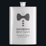 Fun Black Tie Tuxedo Best Man Silver Flask<br><div class="desc">This fun flask is designed as a gift or favor for your best man. It features an image of a black bow tie with three buttons, resembling a tuxedo. The text reads "Best Man" and has a place for his name, the couple's names and wedding date. Great way to thank...</div>